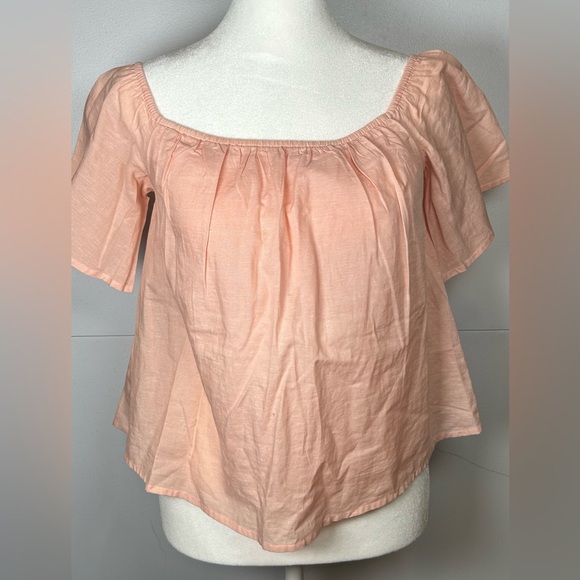 Express Light Coral Off-Shoulder Blouse. Linen Blend. - Picture 1 of 10